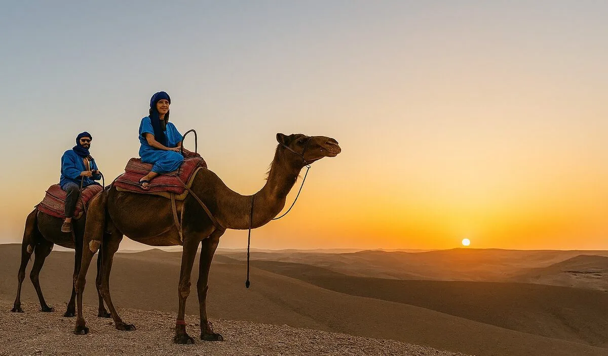 Camel ride across the Agafay Desert hills at sunset near Marrakech