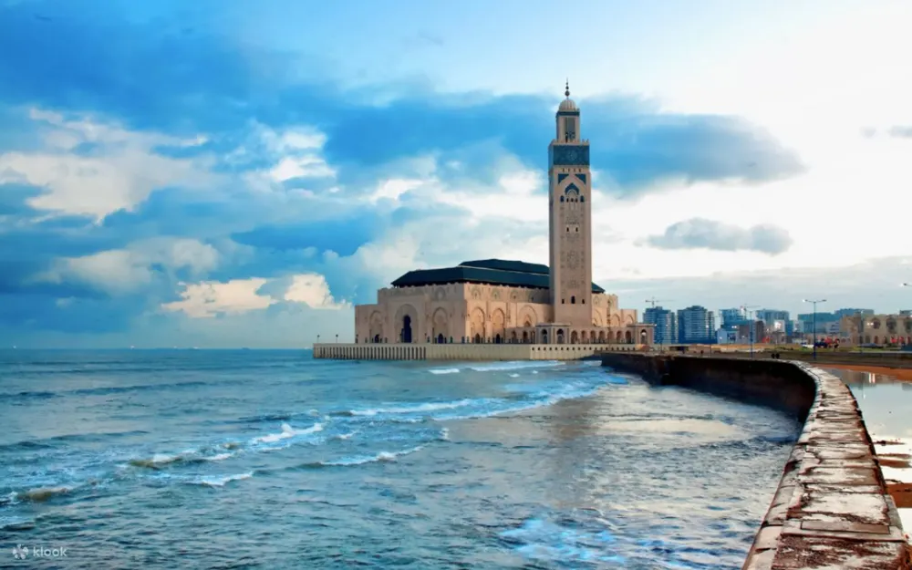 Hassan II Mosque towering over the Atlantic Ocean in Casablanca