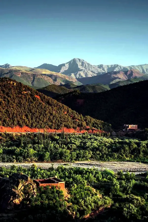 Snow-capped Atlas peaks above the Ourika Valley road