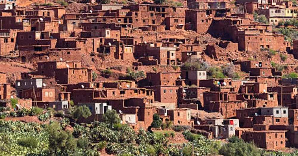Berber village on green terraces in the Ourika Valley High Atlas