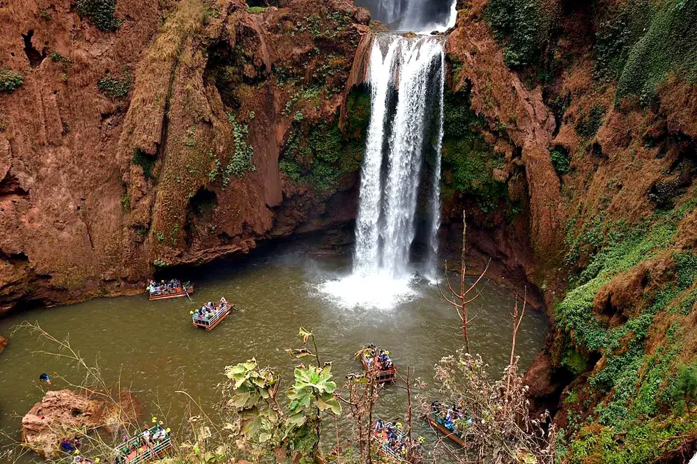 Ouzoud Waterfalls dropping 110 metres through a red-rock gorge in Morocco