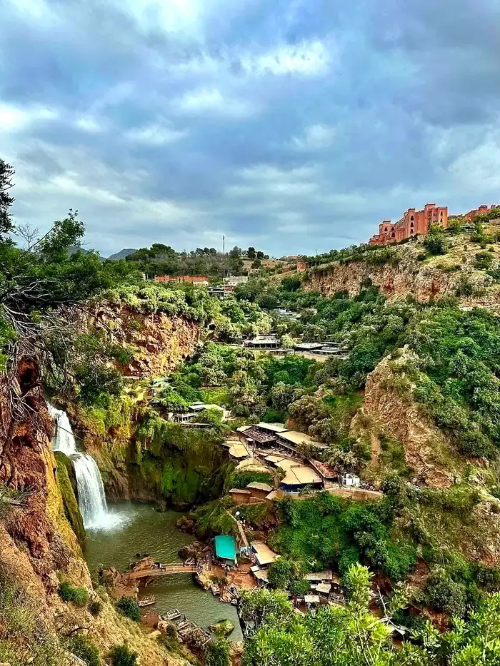 Aerial view over the Ouzoud valley, falls and cliffside village